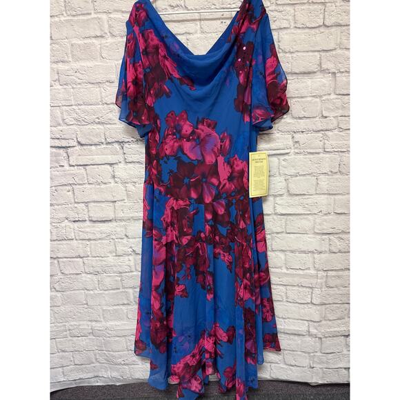 Roaman's Blue & Pink Floral Formal Maxi Dress Cowl Neck Plus SZ 32W New w/tags - Picture 1 of 4